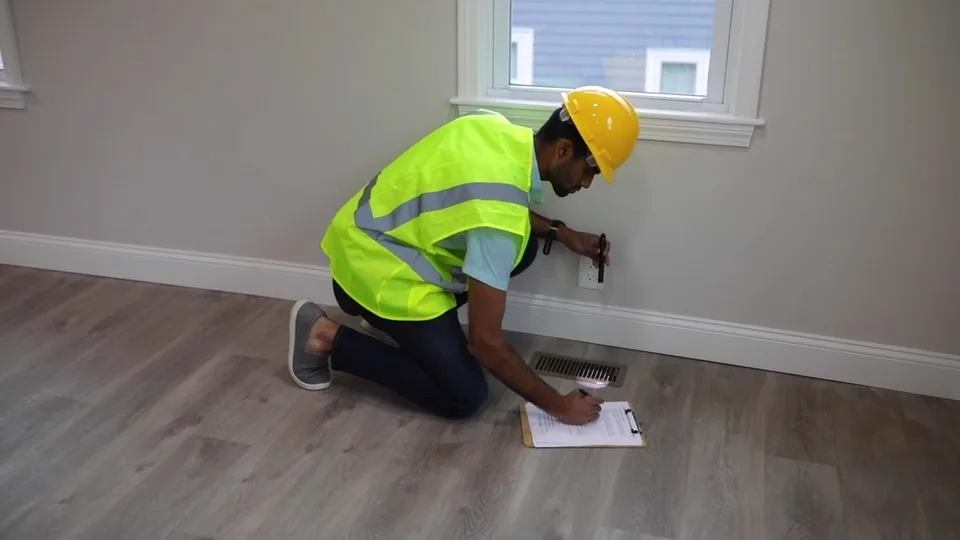 An inspector in a hi-vis vest and hard hat kneeling to test a wall socket, writing the result on a clipboard beside a floor vent